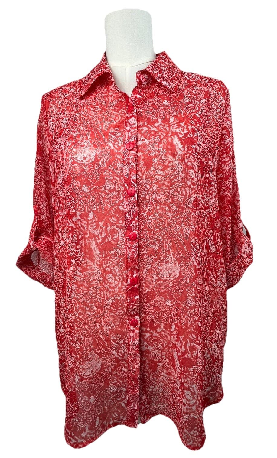 Clara Sun Woo red and white abstract print button-front blouse, eBay listing photo