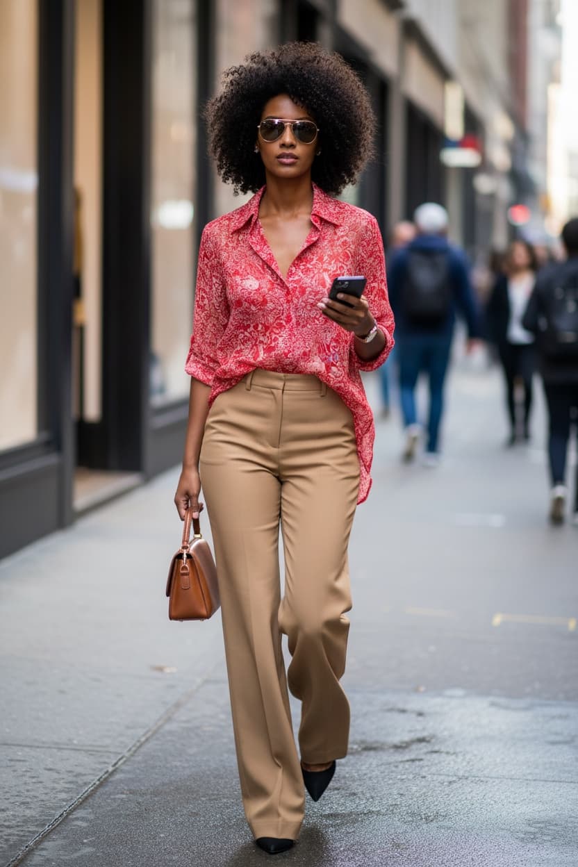 Model walking in the city wearing the Clara Sun Woo abstract print blouse